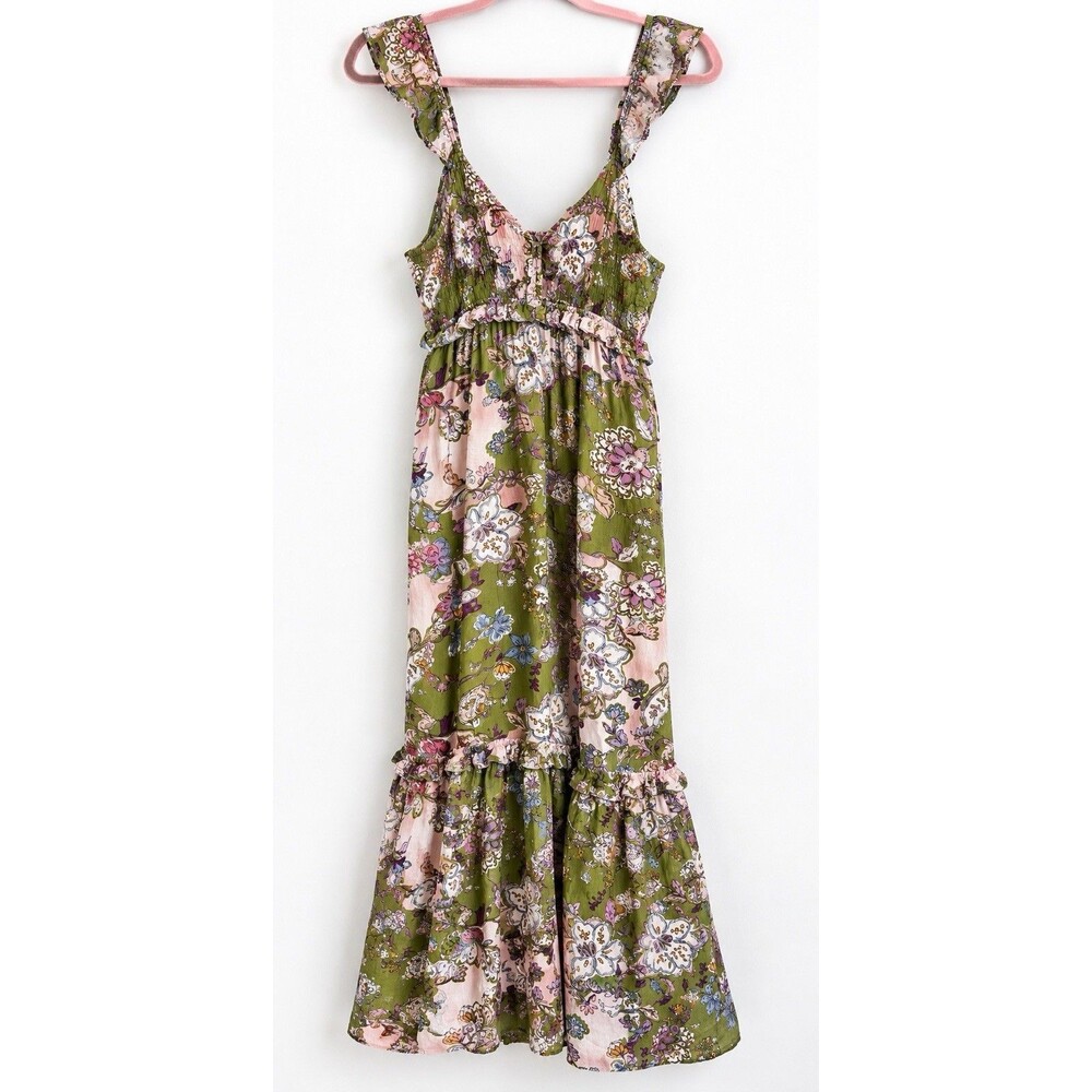 Monteau Los Angeles Floral Maxi Dress Green Pink Ruffle Boho Size S